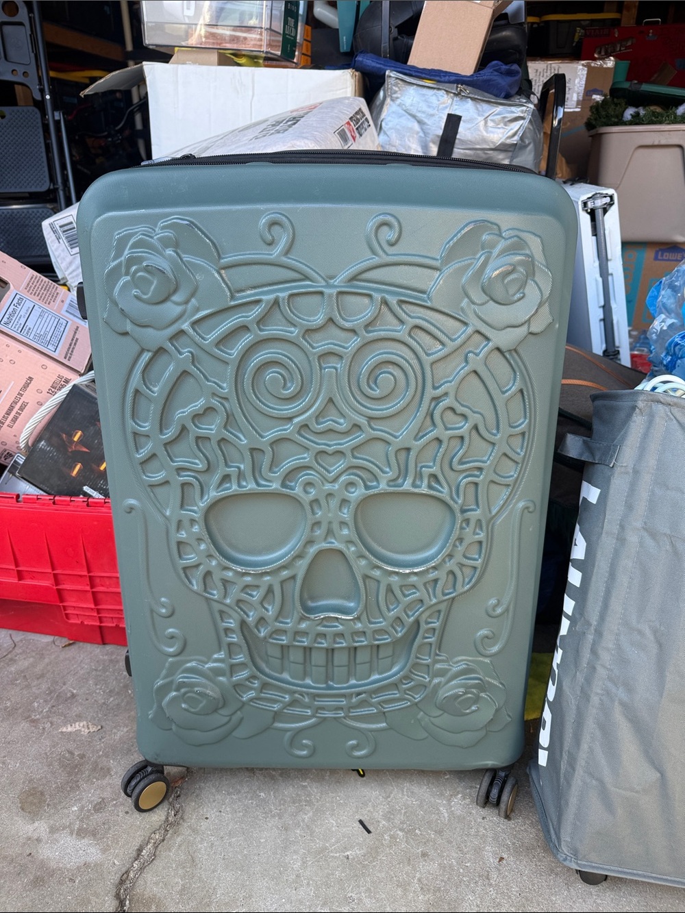 Travel Hardside Luggage with Decorative Skull Relief - Sage Green